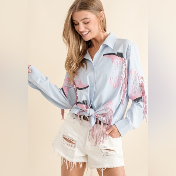 blue b Tops - BOUTIQUE ITEM Sequin Embellished Western Cowboy Fringe Boots Button Up Shirt